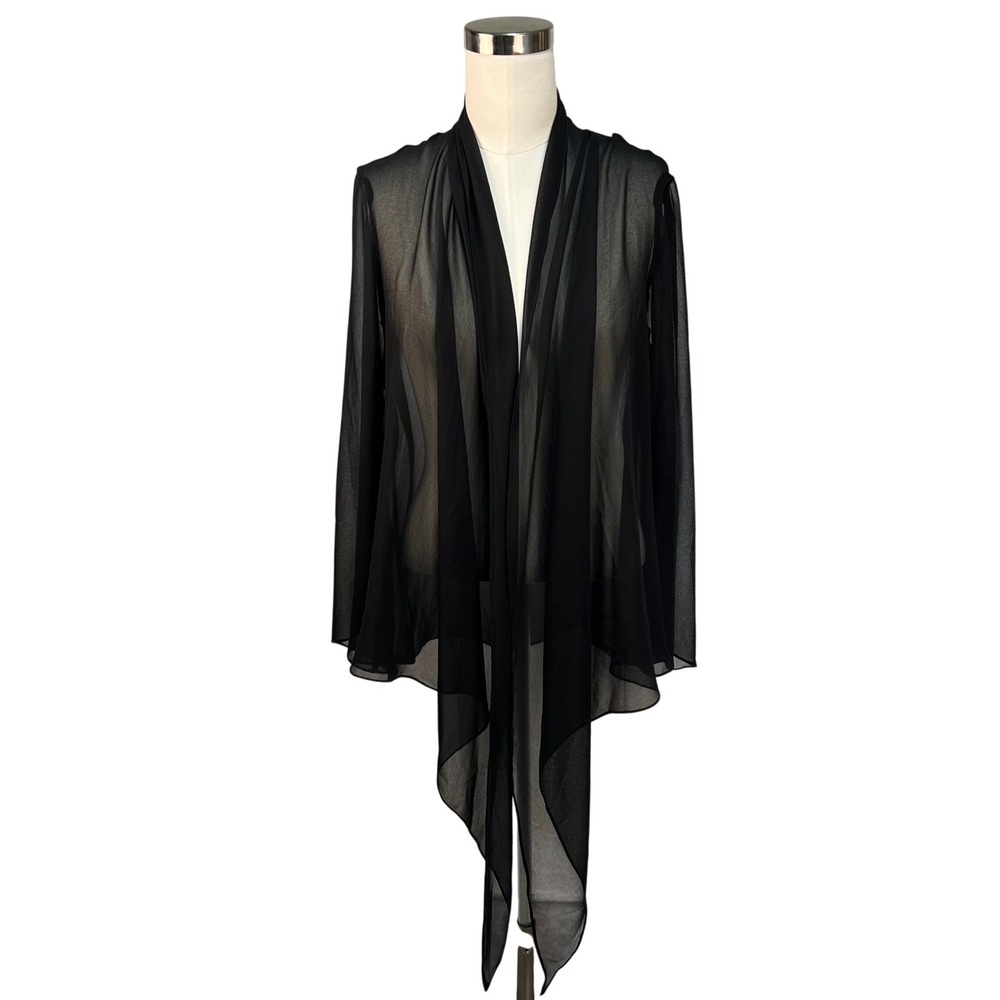Tadashi Shoji Black Wrap Cardigan Women 8 Sheer Chiffon Draped Asymmetric FLAWS